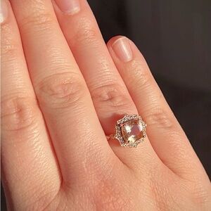 Sterling Silver 925 Halo Ring w/ Champagne Stone & CZ Accents - Size 7.5 - 8